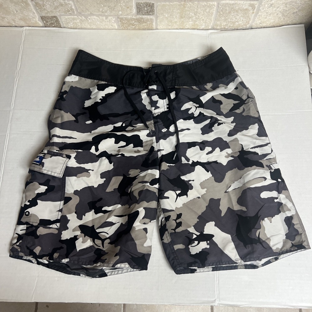 PELAGIC Board Shorts Mens Size 34 Multicolor Fish Camouflage. Inseam 9"